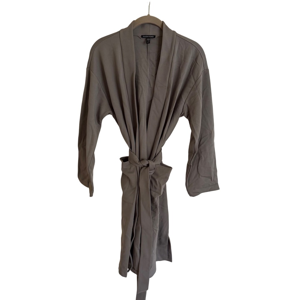 Eileen Fisher Grey Tencel Lyocell Blend Belted Longline Cardigan Robe XS TP